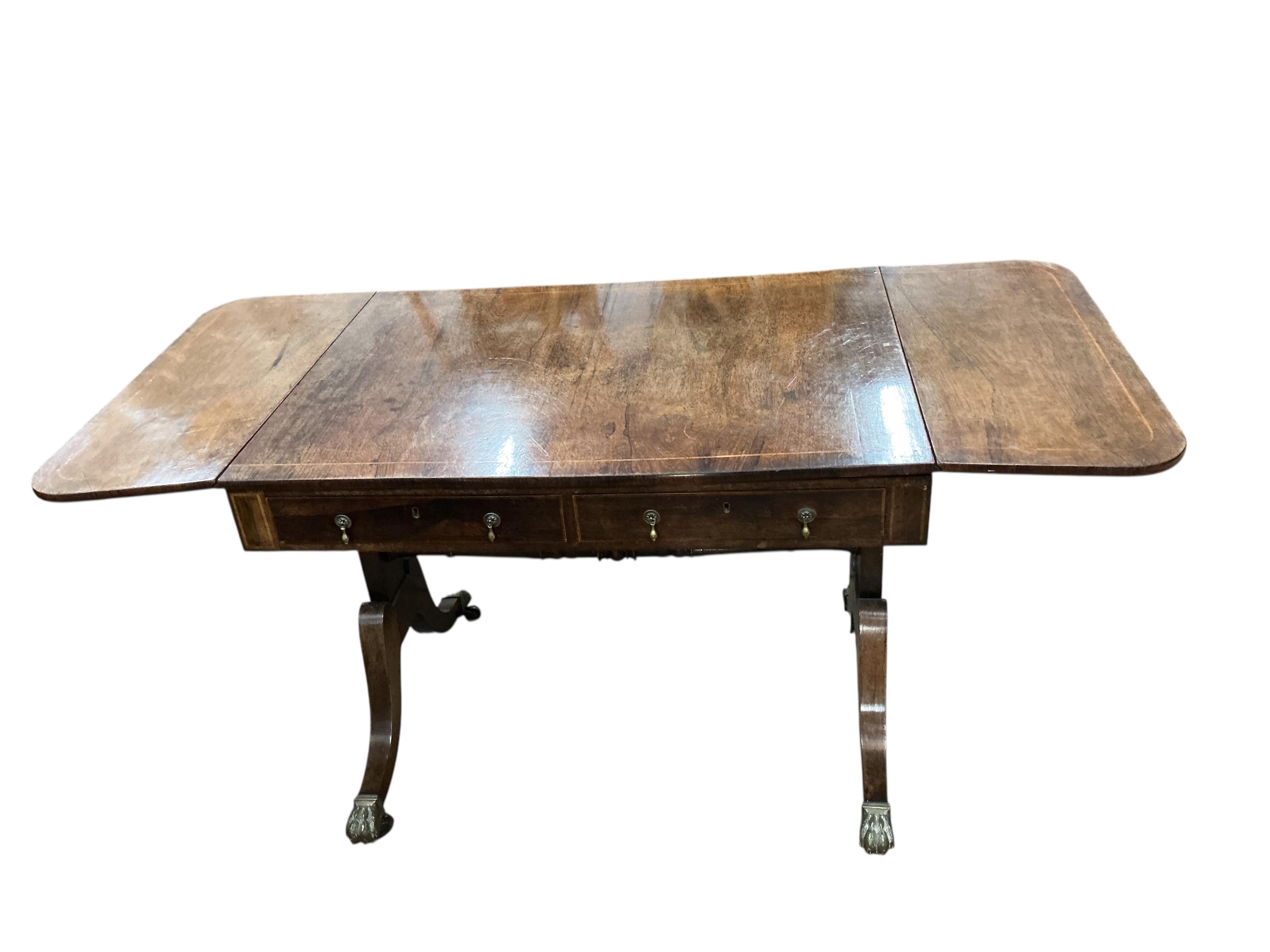A Regency banded rosewood sofa table, width 92cm, depth 68cm, height 73cm